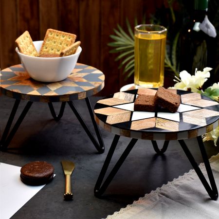 Brown and Grey Modern Flower Wood and Resin Cake Stand for Dessert, Fruit and Planter